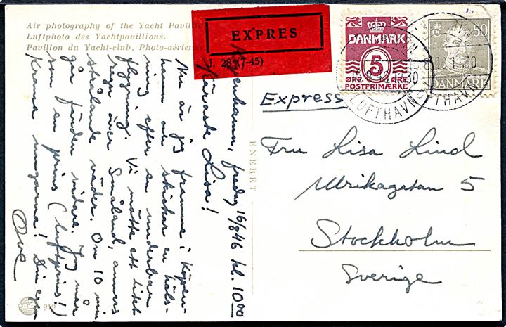 5 øre Bølgelinie og 50 øre Chr. X på brevkort sendt ekspres annulleret med brotype IId København Lufthavn d. 16.8.1946 til Stockholm, Sverige.