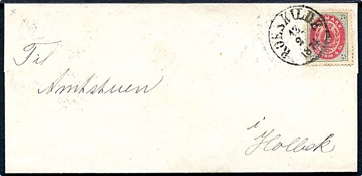4 sk. Tofarvet på brev annulleret med antiqua Roeskilde d. 13.2.1874 til Holbæk.