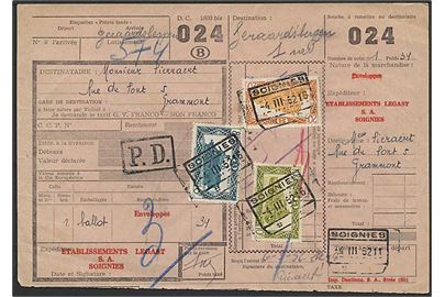 8 f., 10 f. og 20 f. Jernbanefragtmærker på fragtbrev for pakke fra Soignies d. 4.3.1952.