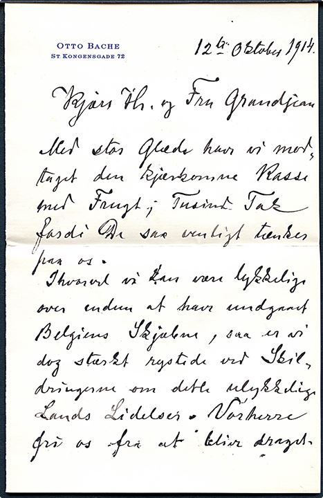 5 øre Chr. X (2) på fortrykt kuvert med indhold fra maleren OTTO BACHE i Kjøbenhavn d. 12.10.1914 til Stamhusbesidder Grandjean på Vennerslund pr. Nørre Alslev. Underskrevet Otto Bache.