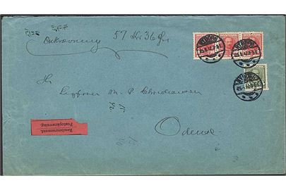 5 øre og 10 øre (3-stribe) Fr. VIII på stort brev med opkrævning fra Nyborg d. 25.5.1912 til Odense.