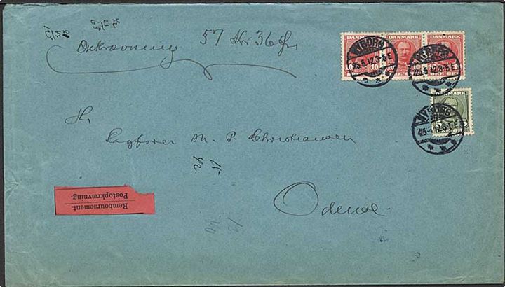 5 øre og 10 øre (3-stribe) Fr. VIII på stort brev med opkrævning fra Nyborg d. 25.5.1912 til Odense.