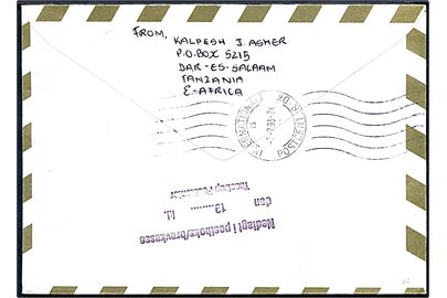 Ekspresbrev fra Tanzania d. 28.6.1993 til Ishøj, Danmark. På bagsiden transitstemplet med håndrullestempel Internationalt Postcenter - DK sn15 d. 2.7.1993 og stempel: Nedlagt i postboks/brevkasse / Taastrup.