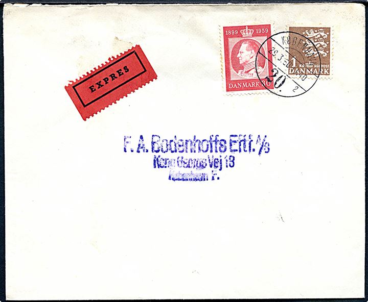 30 øre Fr. IX 60 år og 1 kr. Rigsvåben på ekspres lokalbrev i København d. 29.3.1960.