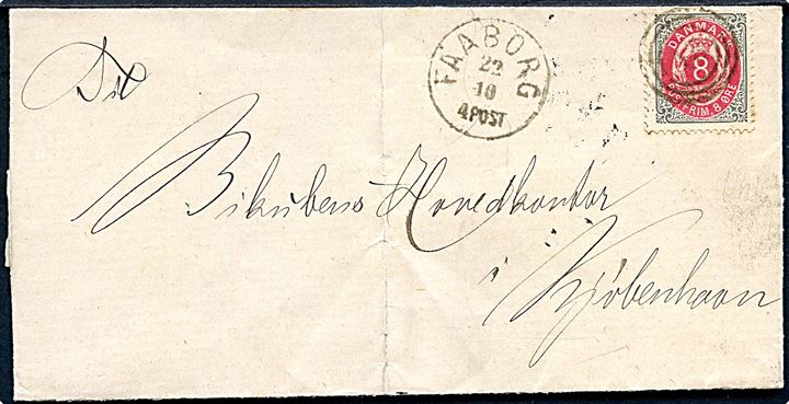8 øre Tofarvet på brev annulleret med nr.stempel 15 og sidestemplet Faaborg d. 22.10.1879 til Kjøbenhavn.
