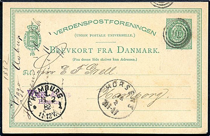 10 øre helsagsbrevkort annulleret med nr.stempel 30 og sidestemplet lapidar Horsens d. 10.2.1882 til Hamburg, Tyskland.