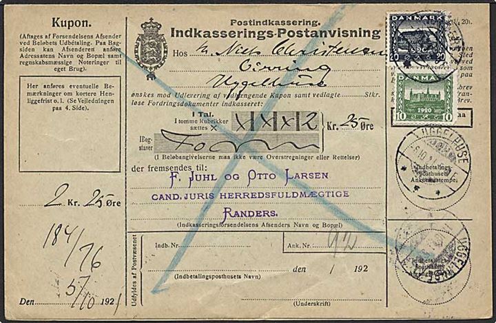 10 øre og 20 øre Genforening på retur Indkasserings-Postanvisning fra Randers d. 5.10.1921 til Uggelhuse. Returneret til Randers som ubekendt.