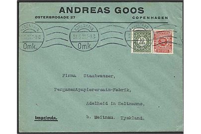 10 øre og 20 øre Frimærkejubilæum på brev fra København d. 27.5.1926 til Weitnau, Tyskland.
