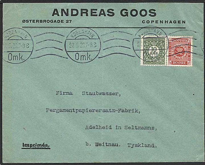 10 øre og 20 øre Frimærkejubilæum på brev fra København d. 27.5.1926 til Weitnau, Tyskland.