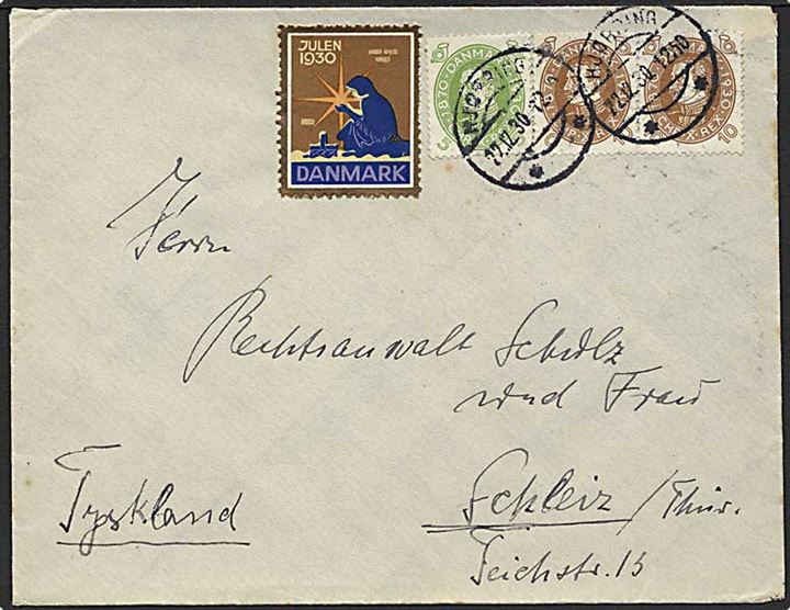 5 øre og 10 øre (par) Chr. X 60 år, samt Julemærke 1930 på brev fra Hjørring d. 22.12.1930 til Schleiz, Tyskland.