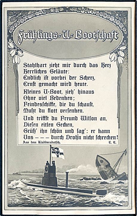 1. Verdenskrig. Tysk propagandakort med ubåd. 