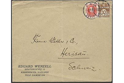 15 øre Chr. X 60 år og 10 øre helsagsafklip på brev fra Vanløse d. 31.8.1931 til Herisau, Schweiz.