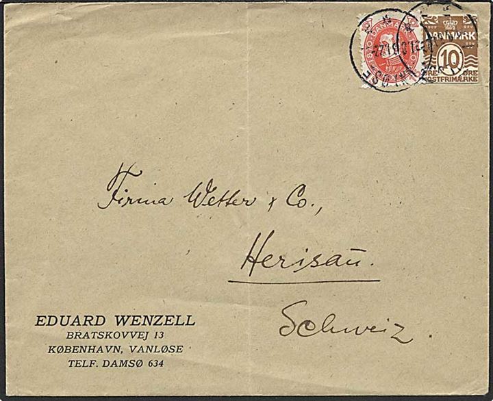 15 øre Chr. X 60 år og 10 øre helsagsafklip på brev fra Vanløse d. 31.8.1931 til Herisau, Schweiz.