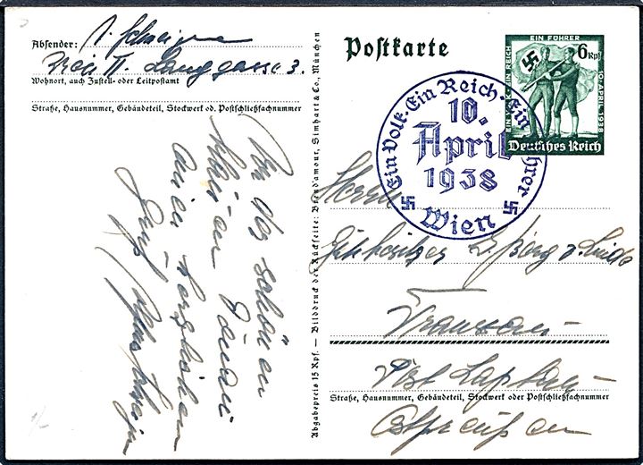 Anschluss - Ein Volk Ein Reich Ein Führer. Illustreret helsagsbrevkort annulleret med særstempel i Wien d. 10.4.1938.