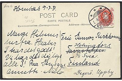 15 øre Chr. X 60 år på brevkort annulleret med brotype Ic stempel Hornbæk d. 10.7.1931 til Tavastehus, Finland - eftersendt til skærgårds-adresse Helsingfors, S/S Svea, Degerö Uppby. 