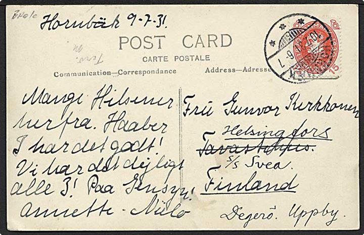 15 øre Chr. X 60 år på brevkort annulleret med brotype Ic stempel Hornbæk d. 10.7.1931 til Tavastehus, Finland - eftersendt til skærgårds-adresse Helsingfors, S/S Svea, Degerö Uppby. 