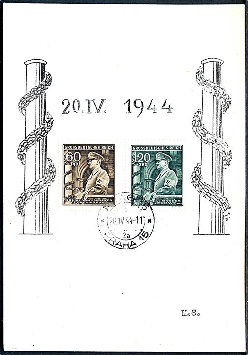 Böhmen-Mähren Hitler fødselsdags-udg. på souvenirkort stemplet i Prag d. 20.4.1944. Uden adr.-linier.