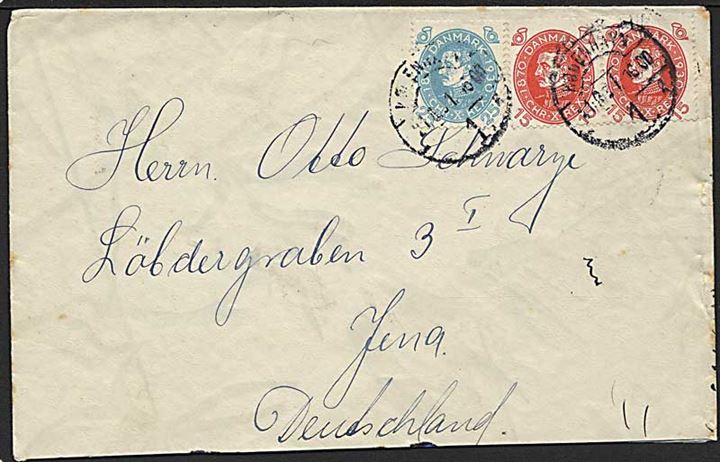 15 øre (par) og 25 øre Chr. X 60 år på 3. vægtkl. brev fra København 1 d. 21.8.1931 til Jena, Tyskland.