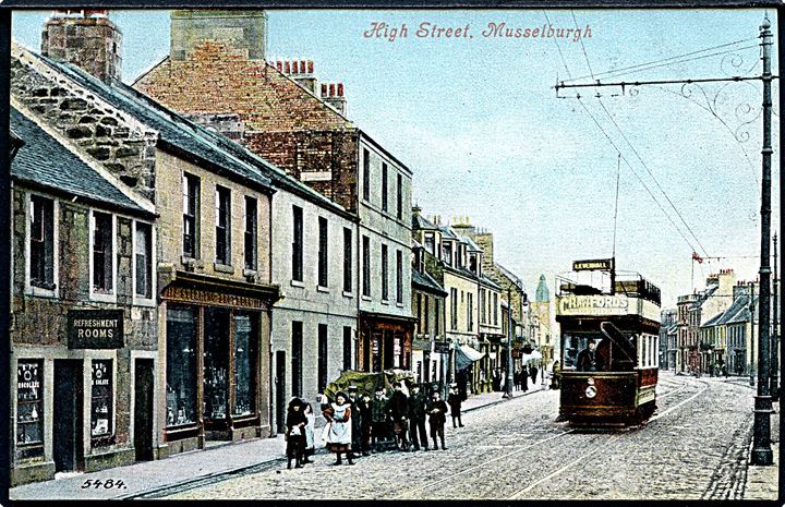 Skotland. Musselburgh. High Street med sporvogn. Valentines Series 5484. 