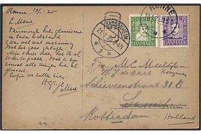 10 øre Chr. IV og 15 øre Chr. X Postjubilæum på brevkort fra Rønne d. 19.1.1925 til Sassenheim, Holland - eftersendt til Rotterdam.