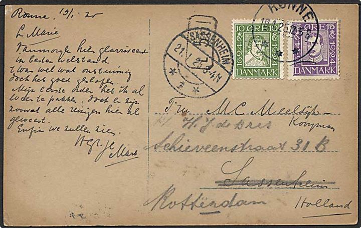 10 øre Chr. IV og 15 øre Chr. X Postjubilæum på brevkort fra Rønne d. 19.1.1925 til Sassenheim, Holland - eftersendt til Rotterdam.