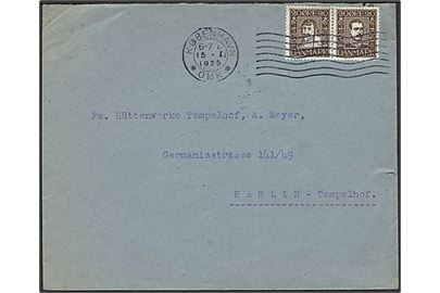 20 øre Chr. IV og 20 øre Chr. X Postjubilæum i vandret parstykke på brev fra København d. 15.1.1925 til Berlin, Tyskland.
