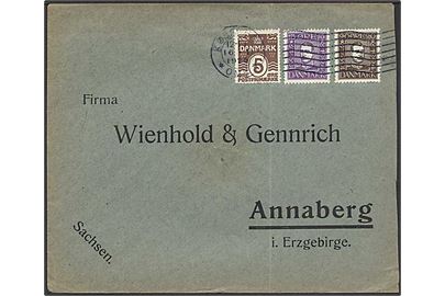 5 øre Bølgelinie, 15 øre og 20 øre Chr. X Postjubilæum på brev fra København d. 16.1.1925 til Annaberg, Tyskland.