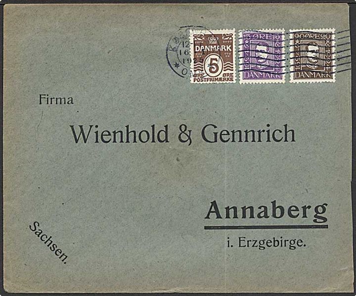 5 øre Bølgelinie, 15 øre og 20 øre Chr. X Postjubilæum på brev fra København d. 16.1.1925 til Annaberg, Tyskland.