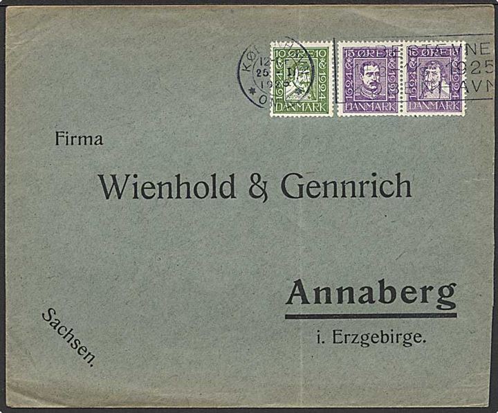 10 øre Chr. IV, 15 øre Chr. X og 15 øre Chr. IV (par) Postjubilæum på brev fra København d. 25.1.1926 til Annaberg, Tyskland.