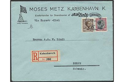 20 øre og 50 øre Chr. X på anbefalet brev fra Kjøbenhavn d. 11.5.1924 til Bern, Schweiz. Påskrevet: Via Korsør-Kiel.