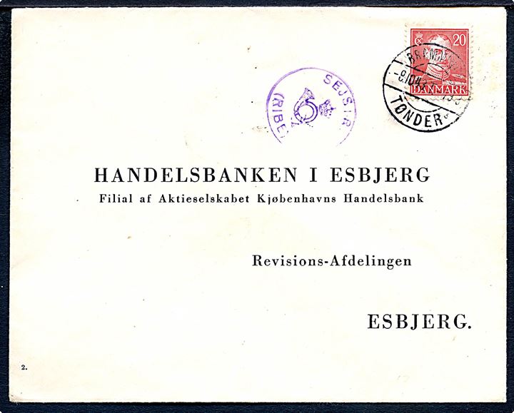 20 øre Chr. X på brev annulleret med bureau Bramminge - Tønder sn3 T.493 d. 8.10.1943 og sidestemplet med posthornstempel SEJSTRUP (RIBE) til Esbjerg.