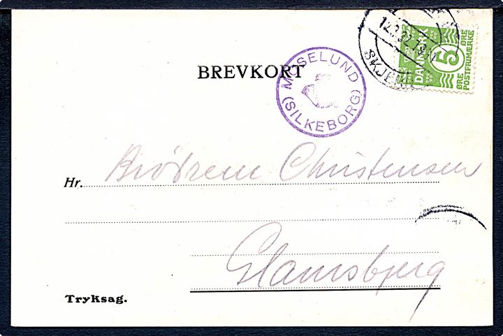5 øre Bølgelinie på tryksagskort annulleret med bureaustempel Skanderborg - Skjern T.994 d. 12.3.1932 og sidestemplet med posthornstempel MOSELUND (SILKEBORG) til Glamsnjerg.
