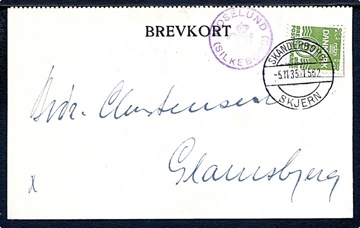5 øre Bølgelinie på brevkort annulleret med bureaustempel Skanderborg - Skjern T.562 d. 5.11.1935 og sidestemplet med posthornstempel MOSELUND (SILKEBORG) til Glamsbjerg.