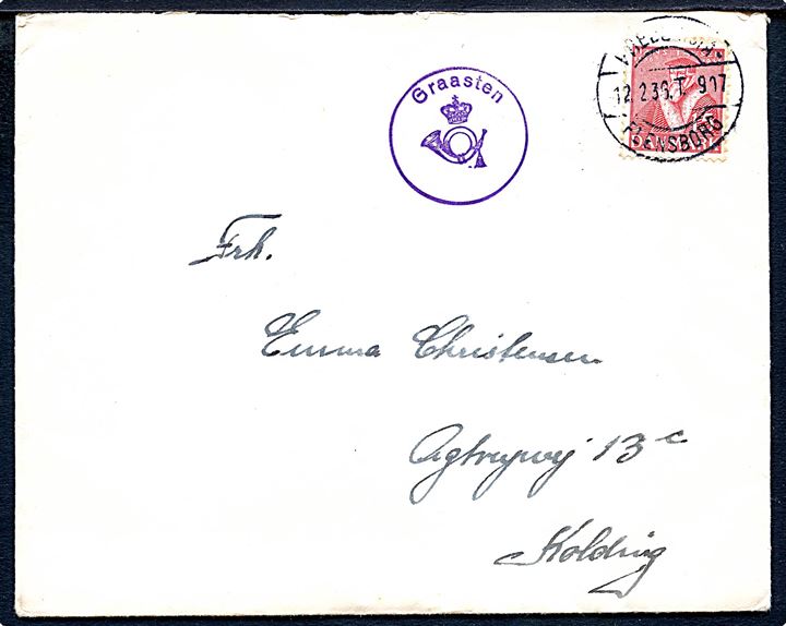 15 øre Tavsen på brev annulleret med bureaustempel Fredericia - Flensborg T.917 d. 12.2.1936 og sidestemplet med posthornstempel Graasten til Kolding. Anvendt ca. 4½ måned tidligere end registreret i Skilling.