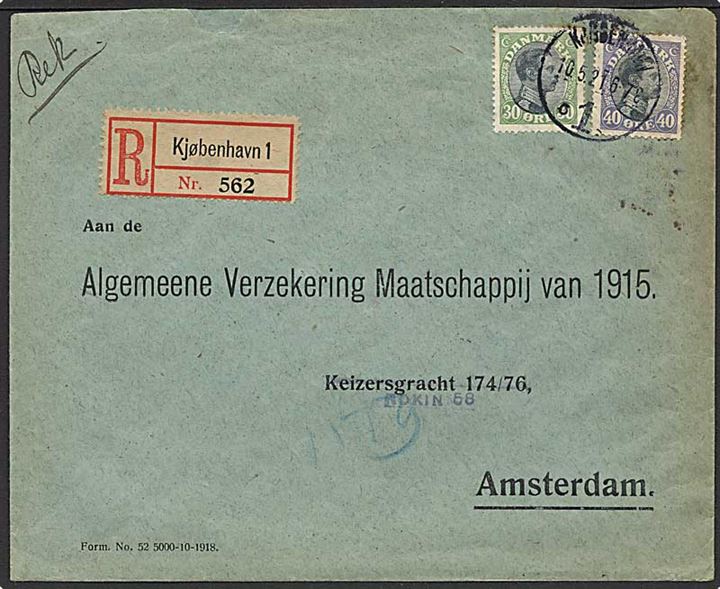 30 øre og 40 øre Chr. X på 2. vægtkl. anbefalet brev fra Kjøbenhavn d. 10.5.1921 til Amsterdam, Holland.