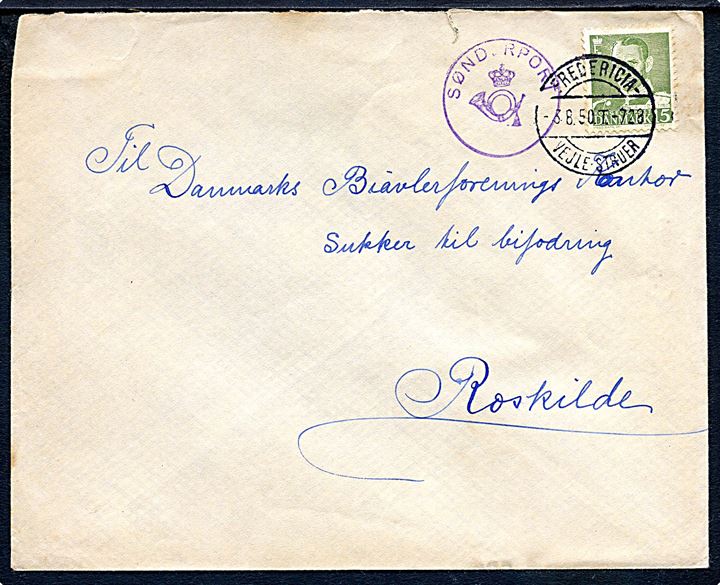 15 øre Fr. IX på brev annulleret med bureaustempel Fredericia - Vejle - Struer T.728 d. 3.8.1950 og sidestemplet med posthornstempel SØNDERPORT til Roskilde.
