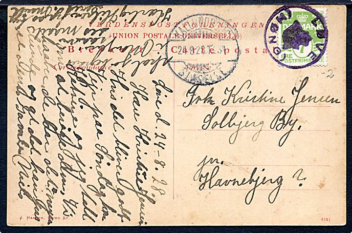 7 øre Bølgelinie på brevkort (Gadeparti fra Løve) annulleret med posthornstempel LØVE og sidestemplet bureau Kallundborg - Slagelse T.234 d. 24.8.1928 til Havnebjerg. Tidligst registrerede dato jf. Skilling.
