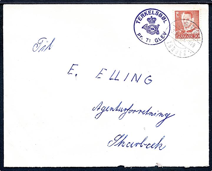 30 øre Fr. IX på brev annulleret med bureaustempel Sønderborg - Tønder .. T.419 d. 3.9.1958 og sidestemplet med posthornstempel TERKELSBØL pr. TINGLEV til Skærbæk. Stempel benyttet ca. 3 mdr. tidligere end registreret i Skilling.