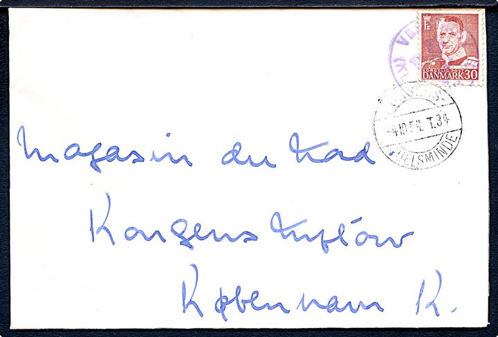 30 øre Fr. IX på brev annulleret med uldent posthornstempel VESTERBY (KLAKRING J.) og sidestemplet med bureaustempel Horsens - Juelsminde T.34 d. 4.10.1954 til København.
