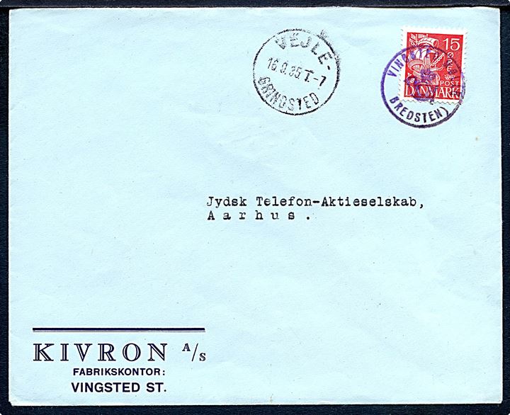 15 øre Karavel på brev annulleret med posthornstempel VINGSTED MØLLE BREDSTEN) og sidestemplet bureau Vejle - Grindsted T.7 d. 16.9.1935 til Aarhus