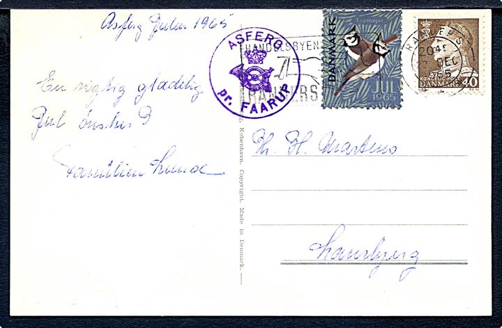 40 øre Fr. IX og Julemærke 1965 på julekort annulleret Randers d. 22.12.1965 og sidestemplet med posthornstempel ASFERG pr. FAARUP til Laurbjerg.