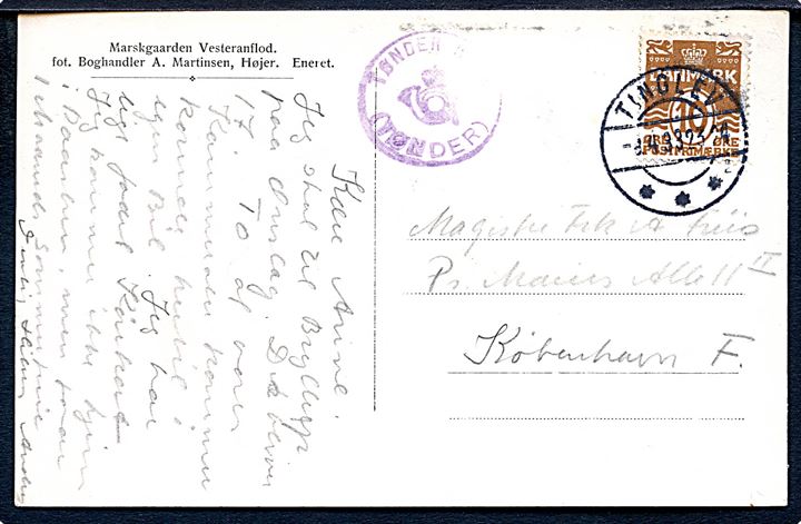 10 øre Bølgelinie på brevkort annulleret Tinglev sn2 d. 8.4.1933 og sidestemplet med posthornstempel TØNDER NORD (TØNDER) til København.