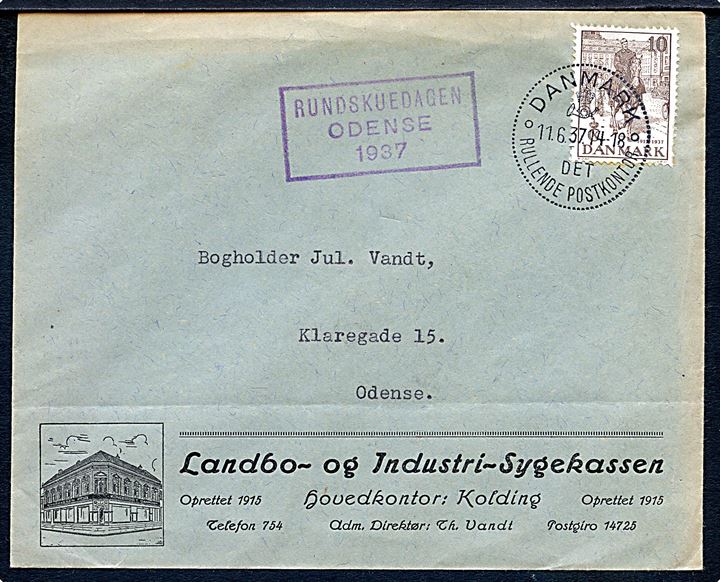 10 øre Regentjubilæum på lokalbrev annulleret med særstempel Danmark * Det Rullende Postkontor * d. 11.6.1937 og sidestemplet Rundskuedagen Odense 1937 til Odense.