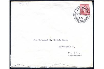 15 øre Tavsen på brev med afsender i Aarhus annulleret Danmark * Det Rullende Postkontor * d. 9.6.1937 til Vejle. Det rullende postkontor ses ikke officielt opstillet på denne dato.