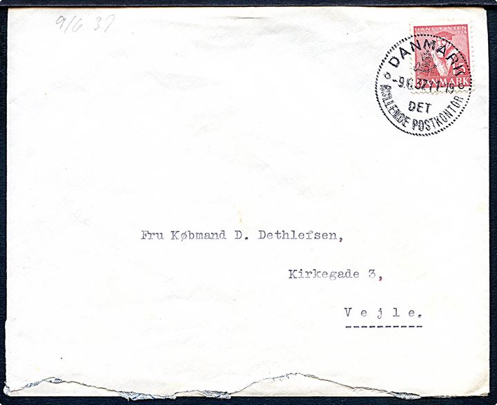 15 øre Tavsen på brev med afsender i Aarhus annulleret Danmark * Det Rullende Postkontor * d. 9.6.1937 til Vejle. Det rullende postkontor ses ikke officielt opstillet på denne dato.