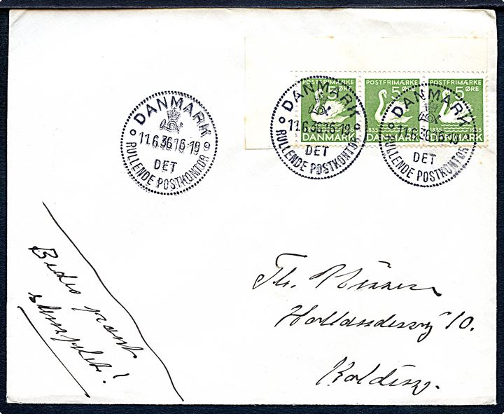 5 øre H.C.Andersen i 3-stribe på brev annulleret med særstempel Danmark * Det Rullende Postkontor * d. 11.6.1936 til Kolding. Det rullende postkontor var første gang opstillet i Grindsted d. 11.6.1936 i forbindelse med Midtjysk Udstilling.