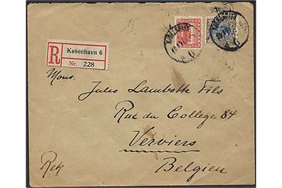 60 øre Chr. X og 10 øre Genforening på anbefalet brev fra Kjøbenhavn 6 d. 29.5.1921 til Verviers, Belgien.