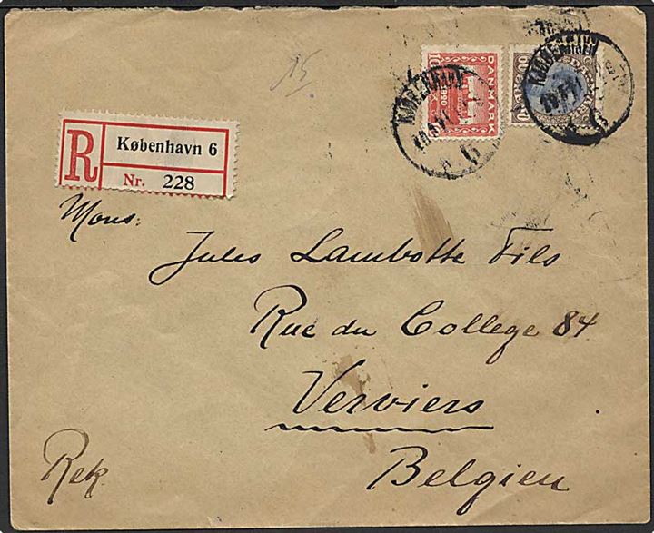 60 øre Chr. X og 10 øre Genforening på anbefalet brev fra Kjøbenhavn 6 d. 29.5.1921 til Verviers, Belgien.