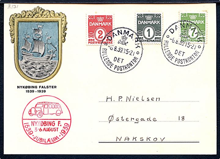 1 øre, 2 øre og 7 øre Bølgelinie på brevkort annulleret med særstempel Danmark * Det Rullende Postkontor * d. 6.8.1939 til Nakskov. Fra 400 års byjubilæum i Nykøbing F.
