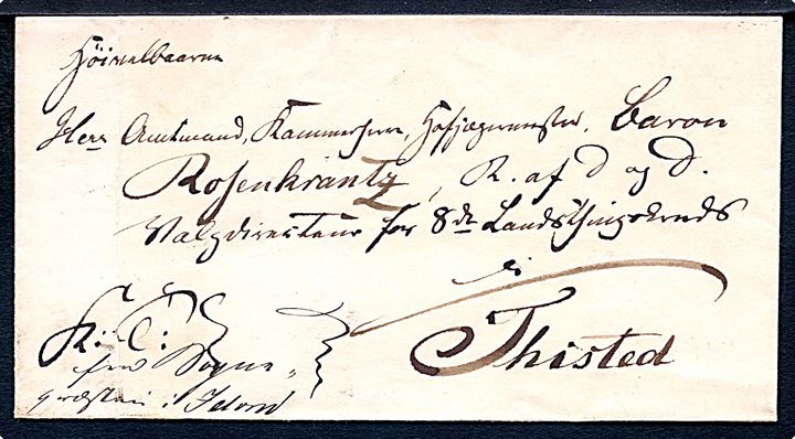 1854. Tjenestebrev mærket K.T. fra sognepræsten i Idom, på bagsiden 1½ ringsstempel Holstebroe.  d. 15.9.1854, til Hofjægermester Baron Rosenkrantz i Thisted.
